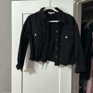 black denim jacket with raw hem